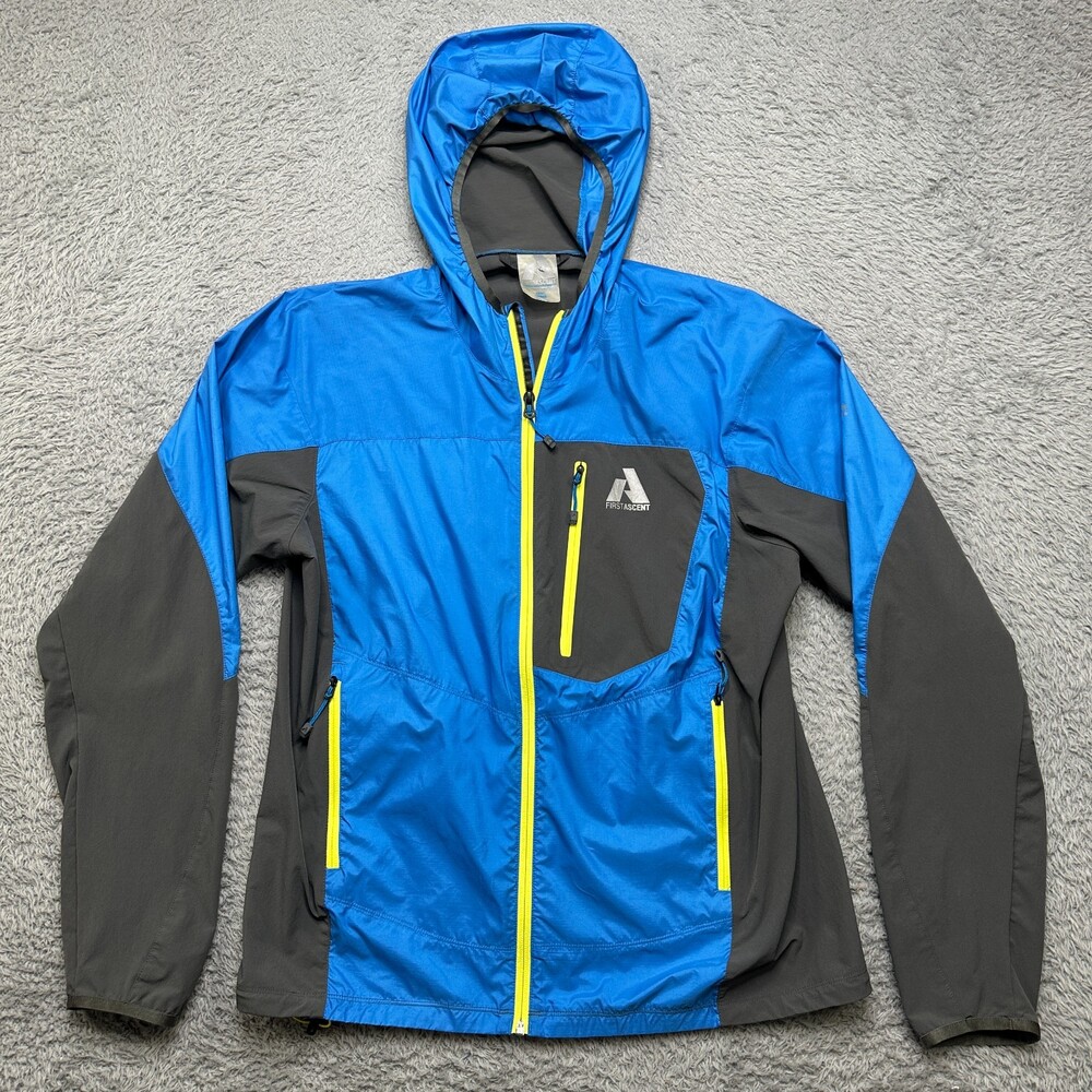 First Ascent Soft Shell Jacket Mens L Blue Gray Hood Eddie Bauer Packable